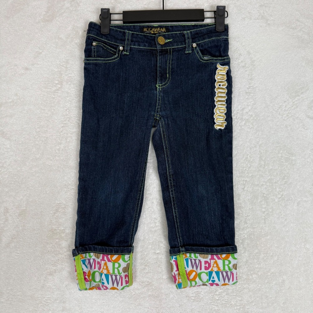 Rocawear Kids Girls Dark Wash Denim Jeans Embroidered Logo Cuffed Hem Size 8 Y2K